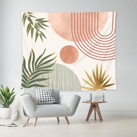 KOMLLEX Chic Abstract Tapestry 59Wx51H Boho Leaves Sun Arch Minimalist Mid Century Modern Orange Pink Wall Hanging Simple Botanical Geometric Neutral Home Decor Art for Living Room Bedroom Dorm