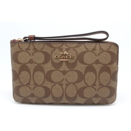 Coach Women's Large Corner Zip Wristlet In Signature Canvas Khaki Saddle