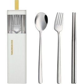 DEVICO Travel Utensils with Case, Stainless Steel Reusable Camping Silverware Set for Lunch Box, Portable Cutlery Kit Includes Fork, Spoon, Chopsticks (White)