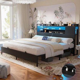 Homieasy King Bed Frame with Headboard, King Size Metal Platform Bed Frame with Reversible Storage Bookcase Headboard, Charging Station and LED Light, No Box Spring Needed/Noise Free, Black - mattress & bed frame size: Queen Size