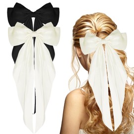 Pack of 2 Hair Clips with Large Bow, Soft Silky Satin, Plain French Hair Clip, Hair Clip, Accessories for Women, Girls (Black + White)