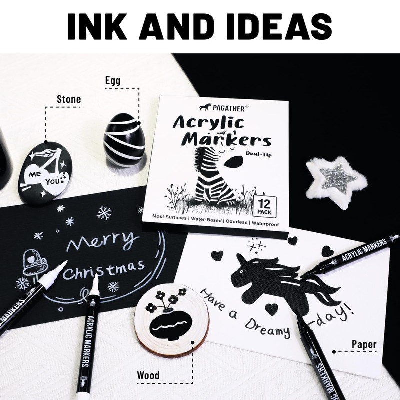 Pagather Black White Acrylic Paint Markers, 12 Dual Tip Fine
