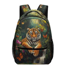 KOYI Tiger Backpack for Kids, Forest Tiger with Butterfly Backpack, Cool Animal Bookbag, Elementary Middle School Travel Laptop Backpack, 16.5-inch
