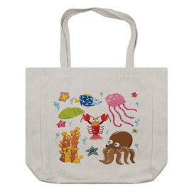 Ambesonne Cartoon Shopping Bag, Under the Sea Wildlife Theme Funny Creatures in Cartoon Style Fun Ocean Aquarium, Eco-Friendly Reusable Bag for Groceries Beach and More, 15.5" X 14.5", Multicolor