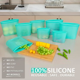 Annaklin Reusable Food Bags, 8 Pack 100% Silicone Food Storage Bags Stand Up Zip Silicone Bags for Food Container, Freezer Microwave Oven Dishwasher Safe, 4 Large 2 Medium 2 Small, Aqua