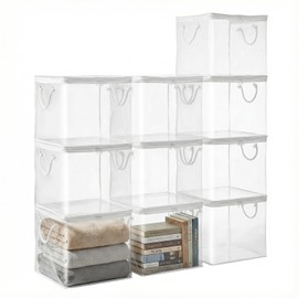 Meyeyaia 10 Pack Clear Clothes Storage Bags with Zipper & Handles, Durable Foldable Large Two-Way Zipper Storage Bags for Clothes, Comforters, Blanket, Toy and Book(White, 11.8''x11.8''x11.8'')