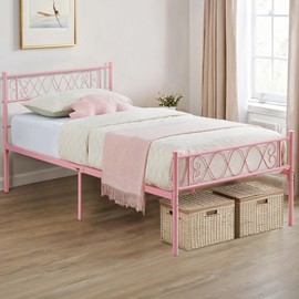 GarveeHome Twin Size Bed Frame, Metal Platform Bed Frame with Headboard and Footboard, 12.2 Inch Bed Frame with Strong Metal Slats Support, Under Bed Storage, No Box Spring Needed, Pink
