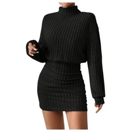 GORGLITTER Women's Jumper Dress, Stand-Up Collar, Casual Dress, Ribbed Knit Winter Dress, Short Bodycon Dress, black