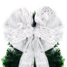 Christmas Tree Topper, 13 x 34 Inch Large Toppers Bow with Mesh Glitter Satin Streamer, Wired Edge Ribbon for Christmas Tree Decoration (Silver)