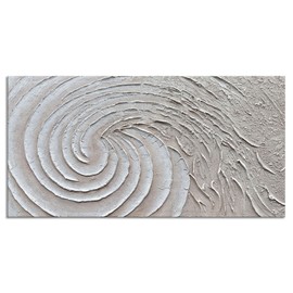 Slyart Thick Texture White Wall Art, Hand Painted 3D Ocean Wave Circle Oil Painting, 24"x48" Large White Canvas Abstract Wall Art