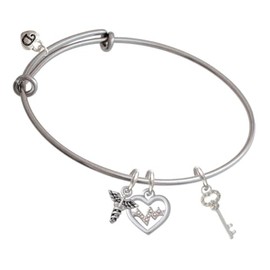 Delight Jewelry Silvertone Small Clear AB Crystals Oval Key - Silvertone Medical Heartbeat Charm Bangle Bracelet