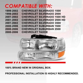 SAFAUTOPARTS Factory Style Headlights Assembly for 1999 2000 2001 2002 Chevy Silverado 1500 2500 99-02/2000-2006 Tahoe Suburban 1500 2500 Headlamps with Bumper Lights