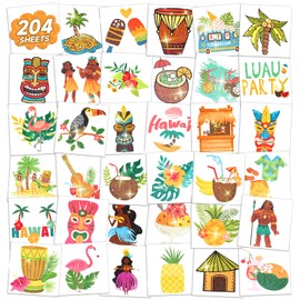 EMOME 204 Sheets Kids Tattoos Luau Beach Party Decorations, Individually Wrapped Glitter Tattoos for Kids Pool Party Favors Supplies, Hawaiian Beach Themed Decor Goody Bag Stuffers for Kids
