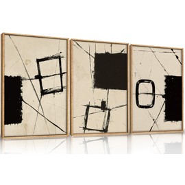 HOURIA Abstract Geometric Framed Canvas Wall Art Set,Black and Beige Brushstroke Wall Decor,Neutral Modern Wall Painting,Textured Line Drawing Art Prints for Living Room, Bedroom, Farmhouse-24 x36 x3