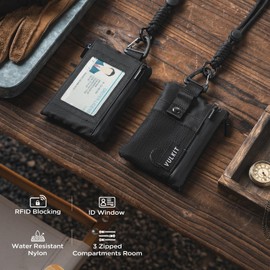 VULKIT Minimalist Small Wallet with ID Window, RFID Blocking Card Holder Water Resistant Zip ID Card Case Wallet with Lanyard Keychain for Cards,Cash,Key, Coin (Black)