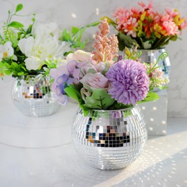 Disco Ball Planter, Disco Ball Vase, Flower Pot Containers with Silver Mirror Glass for Wedding, Birthday, Party, Bar, Office (Silver, 4 * 5 * 5 inch)