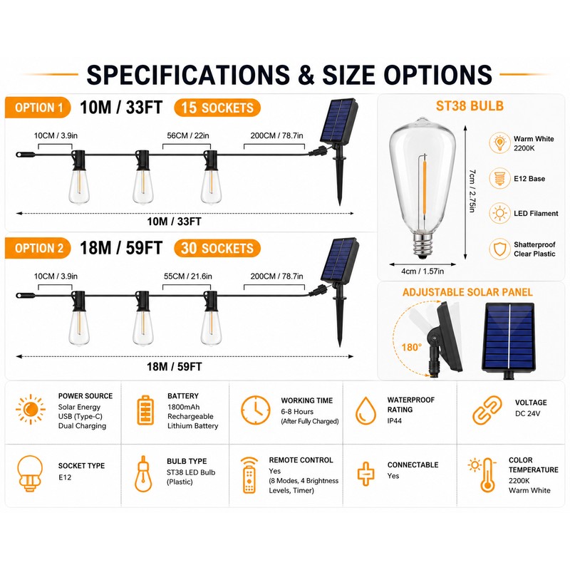 Solar Outdoor String Lights for Patio – Remote Control, Dual