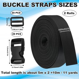 SLTAXAR Nylon Webbing Strap 10 m x 2.5 cm Nylon Straps with 20 Pairs Buckles Nylon Strap with Buckle Adjustable Nylon Strap Black Clip Closure Backpack Buckle Replacement for Backpack Bag Suitcase