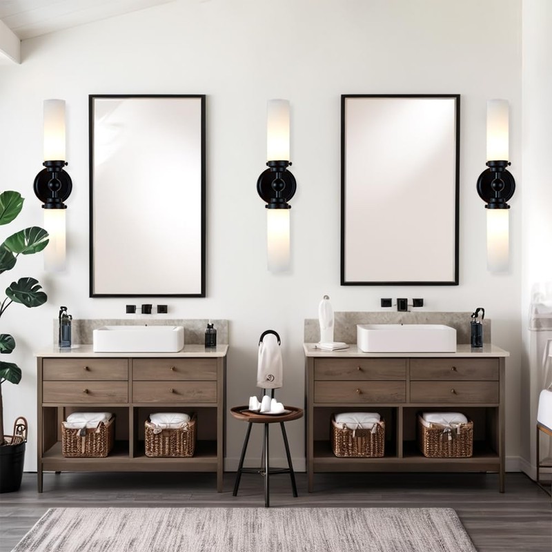 Double Cylinder Glass Wall Sconce,Modern Steel Bathroom Vanity Light, Spherical