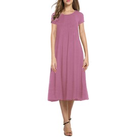 Necooer Dresses for Womens 2024 Casual Loose Plain Pleated Long Dress Short Sleeve Tunic Midi Dresses (Medium, B-Rose Purple)