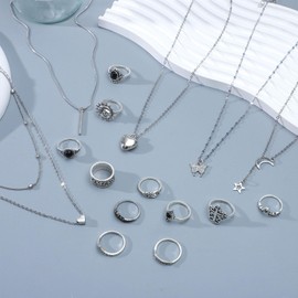 NEWITIN 45 Pieces Silver Jewelry Set for Women Party Costume Punk Jewelry Set Goth Grunge Y2k Accessories Vintage Gothic Necklaces Bracelets Earrings Rings for Women Men, Adjustable, Metal, No