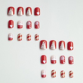 LPOODDNU Red Christmas Press on Nails Short Square Fake Nails with Christmas Tree Snowflake Heart Designs Glossy Christmas Glitter Stripe Glue on Nails Red Christmas Stick on Nails for Women Manicure