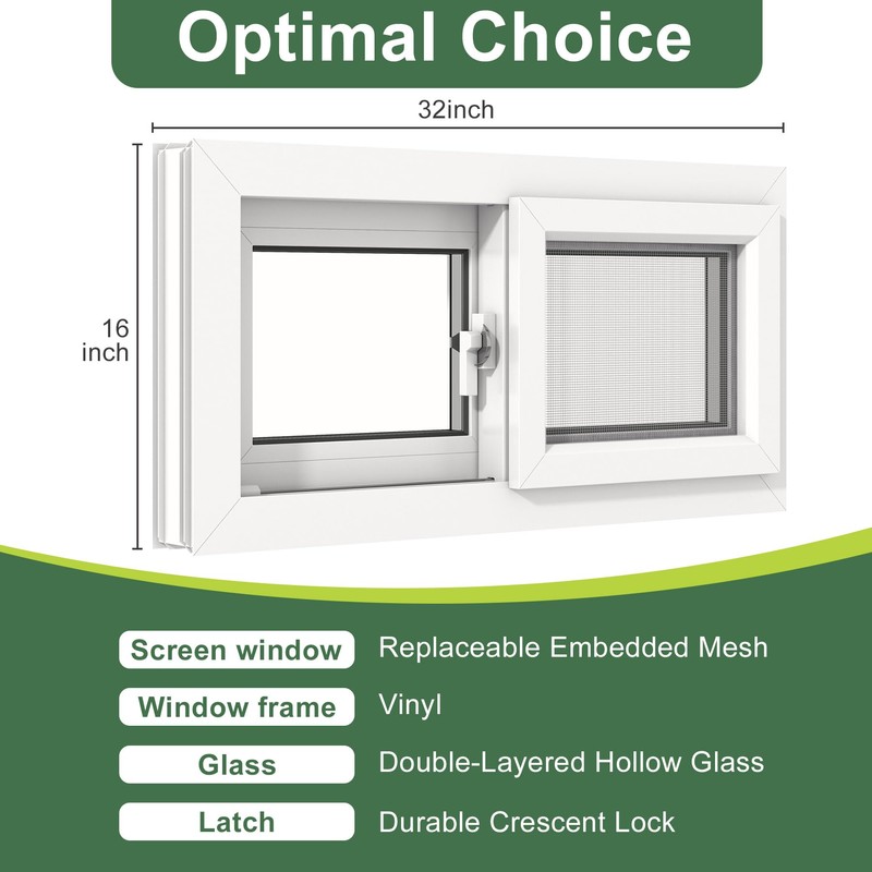 Vinyl Basement Slider Window,32" x 16" Basement Window,Removable Sliding Windows