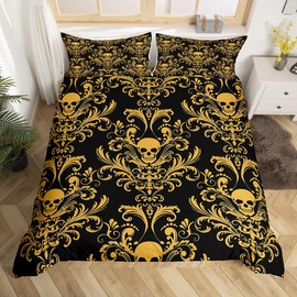 Erosebridal - Juego de cama gótico de damasco para adultos, funda de edredón victoriana antigua, tamaño individual, funda de edredón gótico floral clásico, diseño de calavera de azúcar, diseño barroco