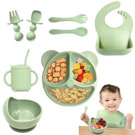 ALIYU Platos para Bebe Silicon 8PCS, Kit Alimentación Complementaria Bebe, Plato para bebe con ventosa, Baberos de silicona para bebe, Sin BPA, Fácil de limpiar, Vajilla bebe silicona (Verde)