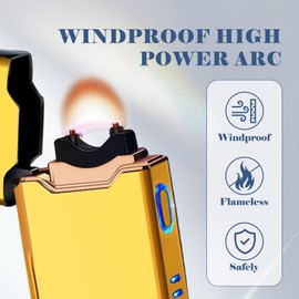 BABOBIU USB Lighter Electric Lighters Rechargeable Arc Lighters with LED Light Power Display Windproof Lighter for Men Boyfriend Husband Candle Incense Stick Outdoor (Glossy Gold)