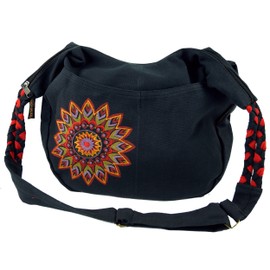 GURU SHOP Ethno Boho Shoulder Bag, Goa Bag Mandala - Black/Red, Men/Women, Cotton, 26 x 33 x 5 cm, Alternative Shoulder Bag, Fabric Handbag, black/red