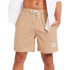 Men's Corduroy Shorts Casual Elastic Waist Drawstring Lightweight Loose Fit Beach Shorts 7" with 3 Pockets Khaki