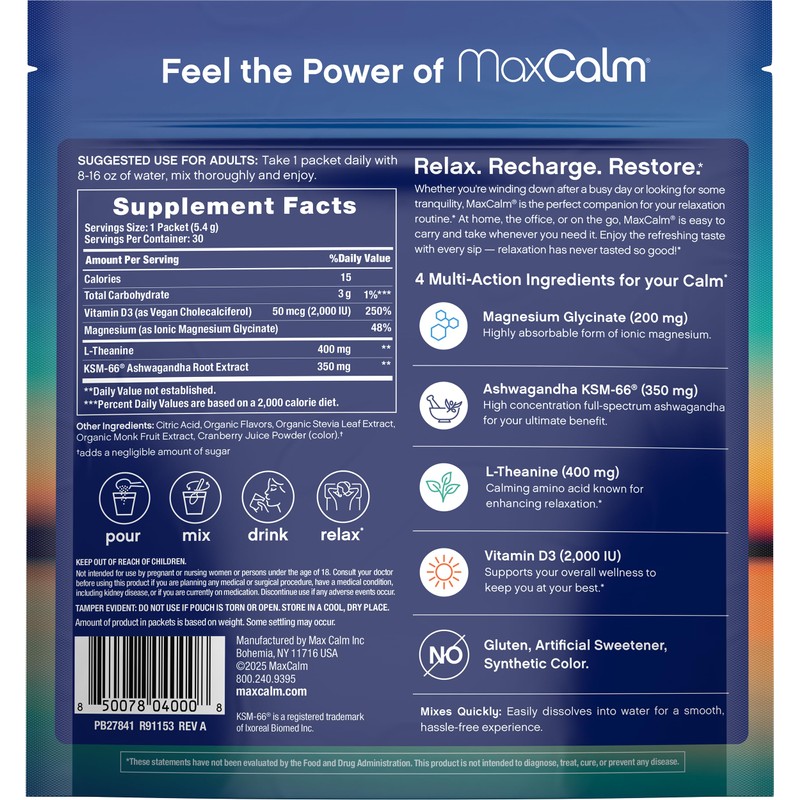 Max Calm Relaxing Drink Mix | Raspberry-Lemonade Flavor | Magnesium