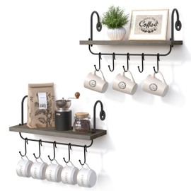 Olakee Floating Wall Shelves for Bathroom Kitchen Coffee Nook with 10 Adjustable Hooks for Mugs Cooking Utensils or Towel Rustic Storage Shelves Set of 2/17x5.9 inch (Weathered Grey)