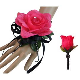 Angel Isabella Set:Wrist Corsage and Boutonniere-hot Pink Black Artificial Rose,Bling