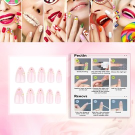 Rchovsam 24pcs Short Press on Nails Almond French Tip Fake Nails Pink Flowers Designs Nails Press Ons Acrylic Full Cover Gel False Nails Gift for Women