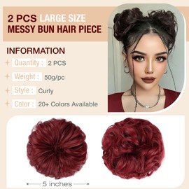 Qunlinta 2 PCS Large Messy Bun Hair Piece, Thick Wavy Curly Hair Bun Scrunchies Extensions Synthetic Chignon Updo Hairpieces for Women Girls Dark Red