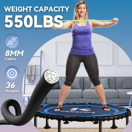 K KENSONE 48" Mini Rebounder for Adults with Bungee Cords, 550LBS Quiet Indoor Exercise Trampoline with Adjustable Foam Handle Bar for Gym Workout, Home Fitness, Blue