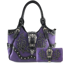 Justin West Western Studded Rhinestone Buckle Laser Cut Studded Shoulder Tote Handbag Purse Wristlet Wallet (Purple Purse and Wallet Set)