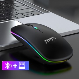 Zenyx Wireless Rechargeable Mouse, Dual Mode with USB Receiver & Bluetooth 5.1, 2.4GHz, Slim Portable Mouse with LED Lights, Silent, Compatible for Laptop Windows MAC Android PC & Computer, Black