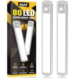 BIAT Under Cabinet Lights 2PCS, 80 Led Motion Sensor Light Indoor, Rechargeable Closet Lights Motion Sensored, 3 Color Temps Under Counter Lights for Kitchen, Dimmable Under Cabinet Lighting