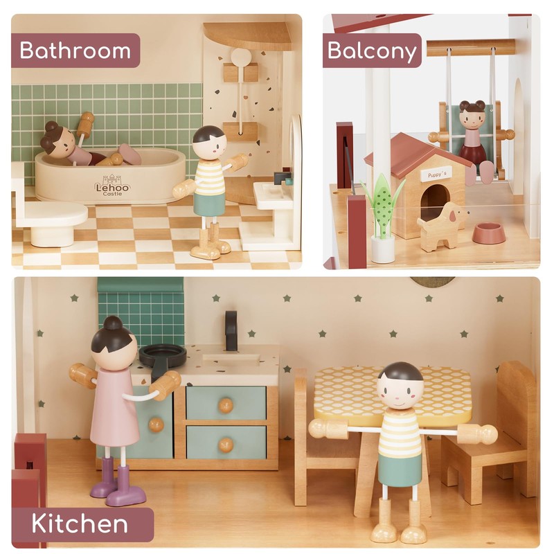 Lehoo Castle Wooden Dollhouse for Girls, Doll House with 5