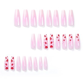 Valentine's Day Press on Nails Extra Long Coffin Fake Nails with Kiss Designs Nude White Gradient False Nails with Glue on Nails Long Square Artificial Nails Reusable Stick on Nail for Women 24 Pcs
