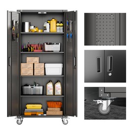 Aobabo 72" H Metal Garage Storage Cabinet with Wheels, Locking Metal Storage Cabinet with 4 Shelves and 2 Pegboards, Rolling Tool Storage Cabinet on Wheels, Assembly Required, Black…