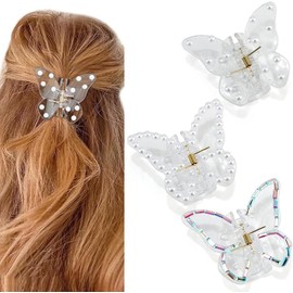 Butterfly Claw Clips 3Pcs Butterfly Hair Clips for Women Clear Clips Pearl Hair Clips for Thick, Thin Hair Elegant Hair Clips Medium Hair Clips (Style 1, One Size)