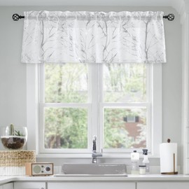 FMFUNCTEX Foil Silver Branch White Sheer Valance Curtain for Living Room Window Top 18" Light Filter Valance Curtain for Bathroom Kitchen Coffee Shop Linen Texture 50" W x 18" L, 1 Pack