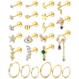 Kakonia 24 Pieces 20G Helix Piercing for Women Stud Earrings Hoop Earrings Small Stainless Steel Earring Gold Silver Stud Hoop Earrings Chain Tiny Chain Dangle Cartilage Huggie Earrings Piercing Ear