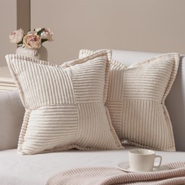 Topfinel Set of 2 Cushion Covers, 40 x 40 cm, Beige Corduroy Cushion Covers, Decorative Cushion Cover, Sofa Cushion, Couch Cushion, Decorative Cushion Cover with Hidden Zip