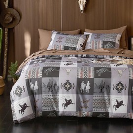 Wake In Cloud - Western Comforter Set, Southwestern Aztec Country Horse Cowboy Rustic Ranch Pattern Printed, Soft Lightweight Bedding, 3 Pieces, Gray Brown, King Size