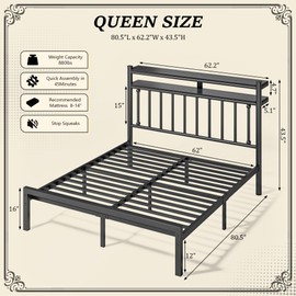 Homkdom Metal Queen Bed Frame with 2-Tier Storage Headboard, Bed Frame Queen Size with LED Light, Victorian Mattress Foundation Under Bed Storage/No Box Spring Needed/Noise-Free/Easy Assembly, Black